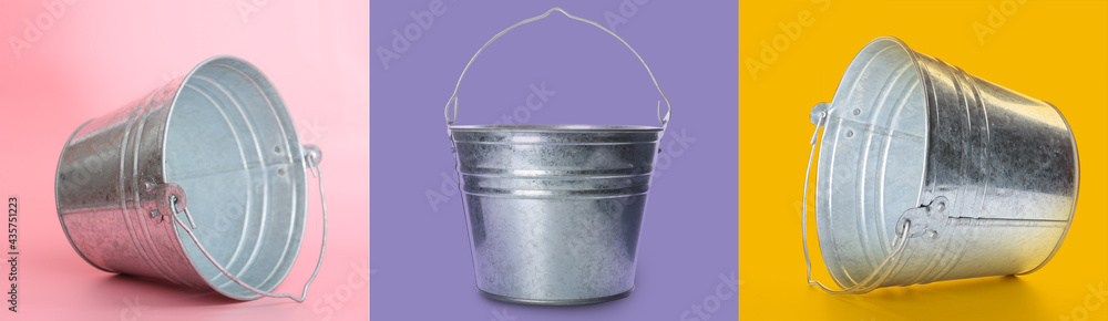 Metallic buckets on color background