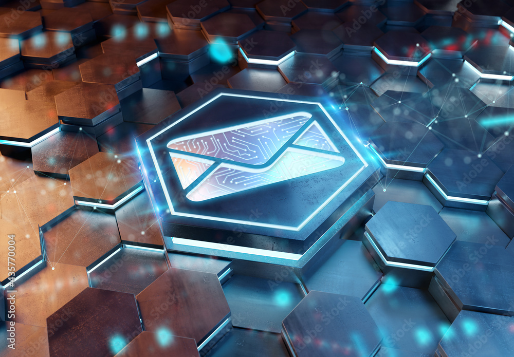 Email icon concept engraved on hexagonal pedestral background. Mail Logo glowing on abstract digital