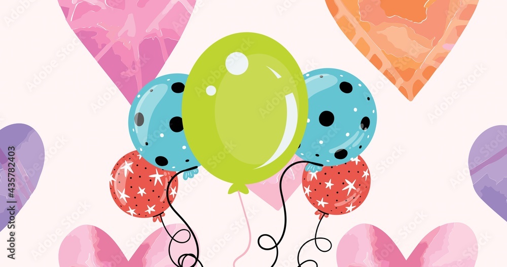 Composition of colourful balloons and hearts on pink background