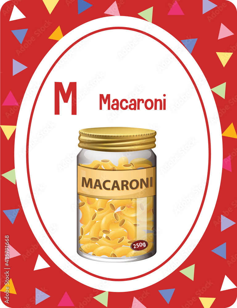 Alphabet flashcard with letter M for Macaroni