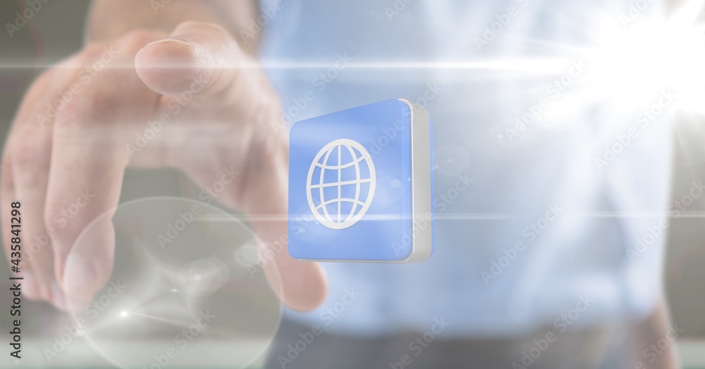 Composition of businessman touching screen with digital globe icon