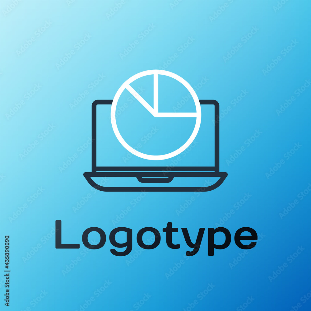 Line Laptop with graph chart icon isolated on blue background.Report text file icon.Accounting sig（带