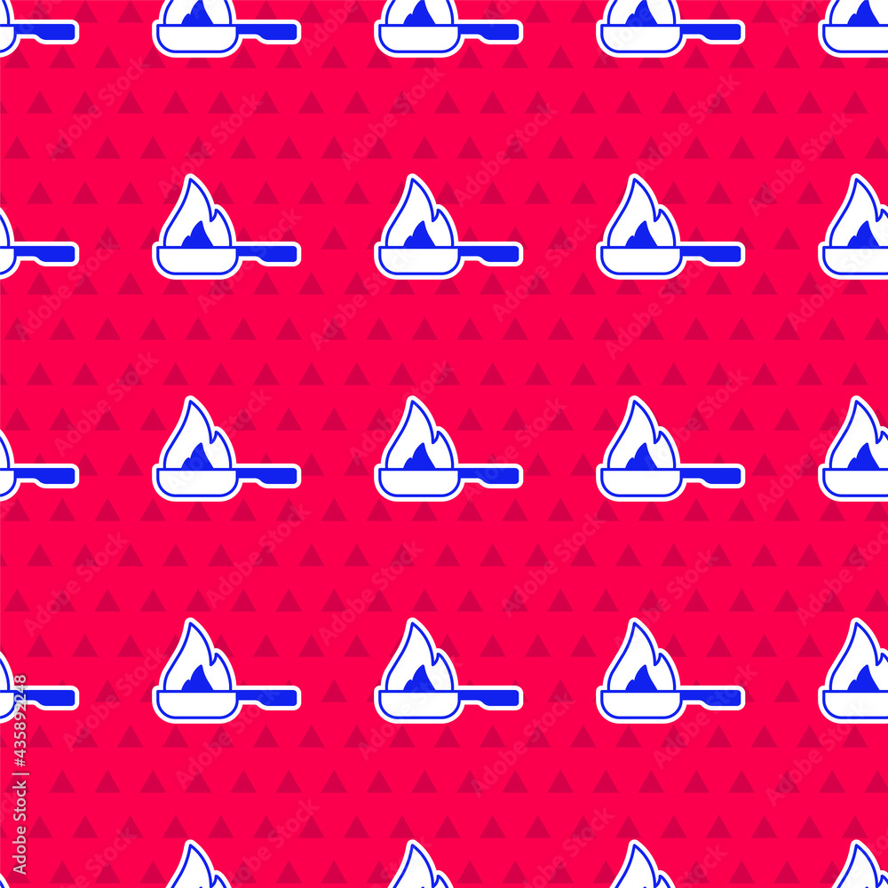 Blue Frying pan icon isolated seamless pattern on red background. Fry or roast food symbol. Vector