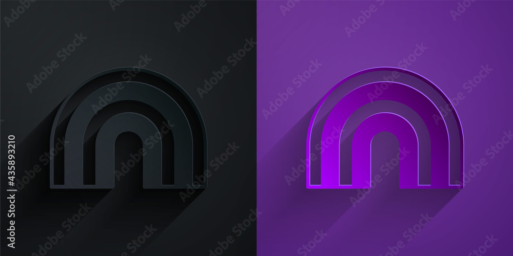 Paper cut Rainbow icon isolated on black on purple background. Paper art style. Vector