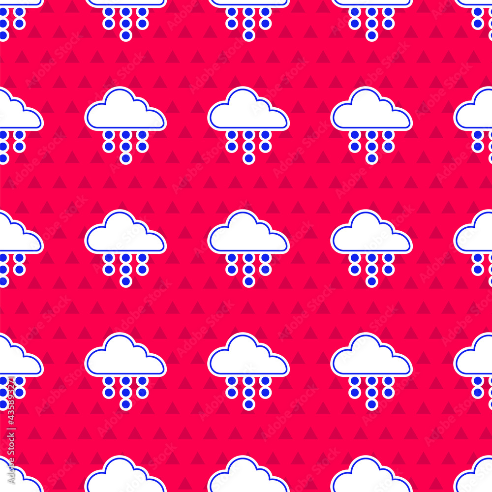 Blue Cloud with rain icon isolated seamless pattern on red background. Rain cloud precipitation with