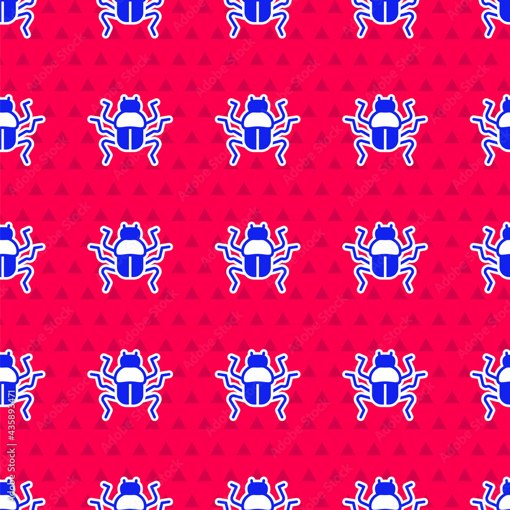 Blue Beetle bug icon isolated seamless pattern on red background. Vector