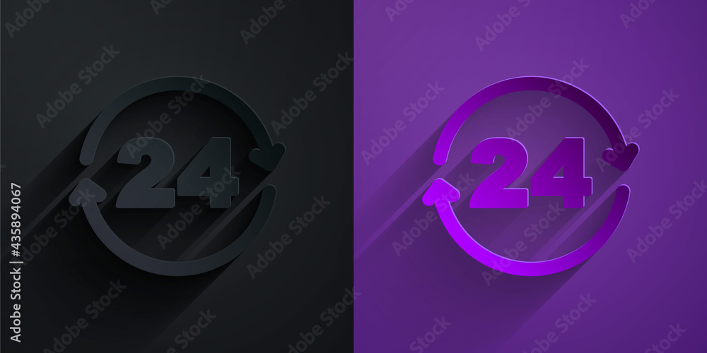 Paper cut Telephone 24 hours support icon isolated on black on purple background. All-day customer s