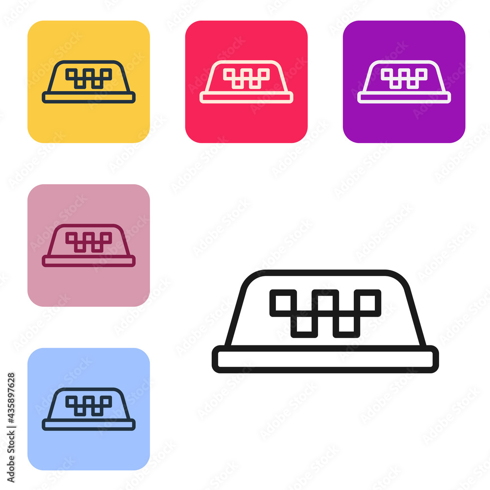 Black line Taxi car roof icon isolated on white background. Set icons in color square buttons. Vecto