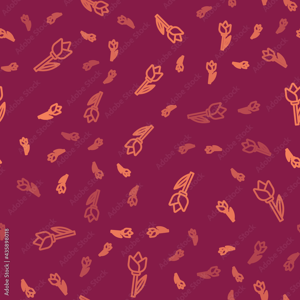 Brown line Flower tulip icon isolated seamless pattern on red background. Vector