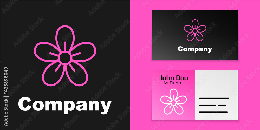 Pink line Flower icon isolated on black background. Logo design template element. Vector