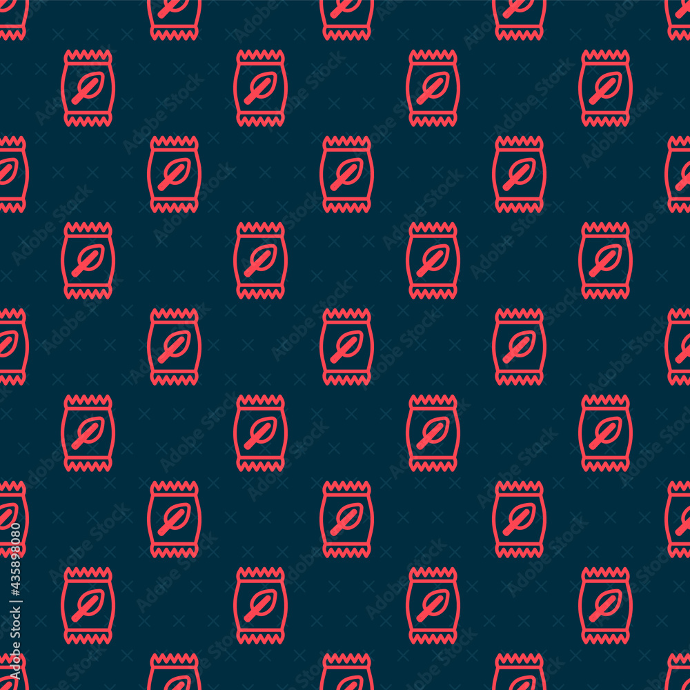 Red line Fertilizer bag icon isolated seamless pattern on black background. Vector