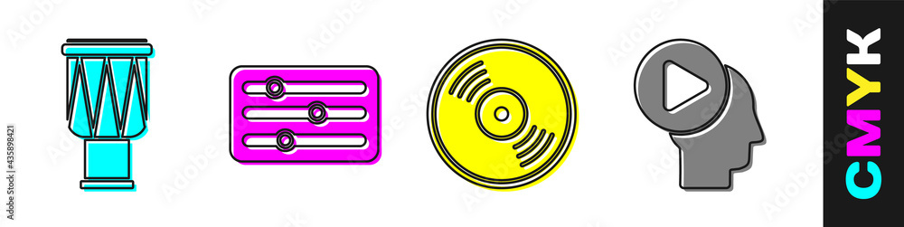 Set Drum, Sound mixer controller, Vinyl disk and Head people with play button icon. Vector