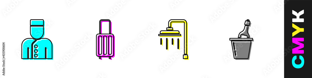 将礼宾、手提箱、淋浴和香槟放在冰桶图标中。Vector
