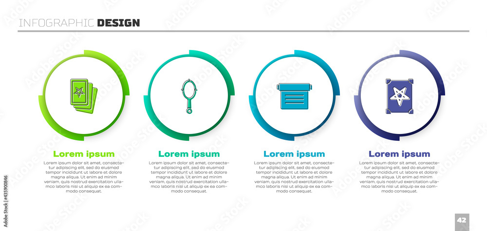 设置三张塔罗牌、魔手镜、古代魔法书和商业信息图模板.Ve