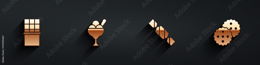 Set Chocolate bar, Ice cream in bowl, Candy and Cookie or biscuit icon with long shadow. Vector