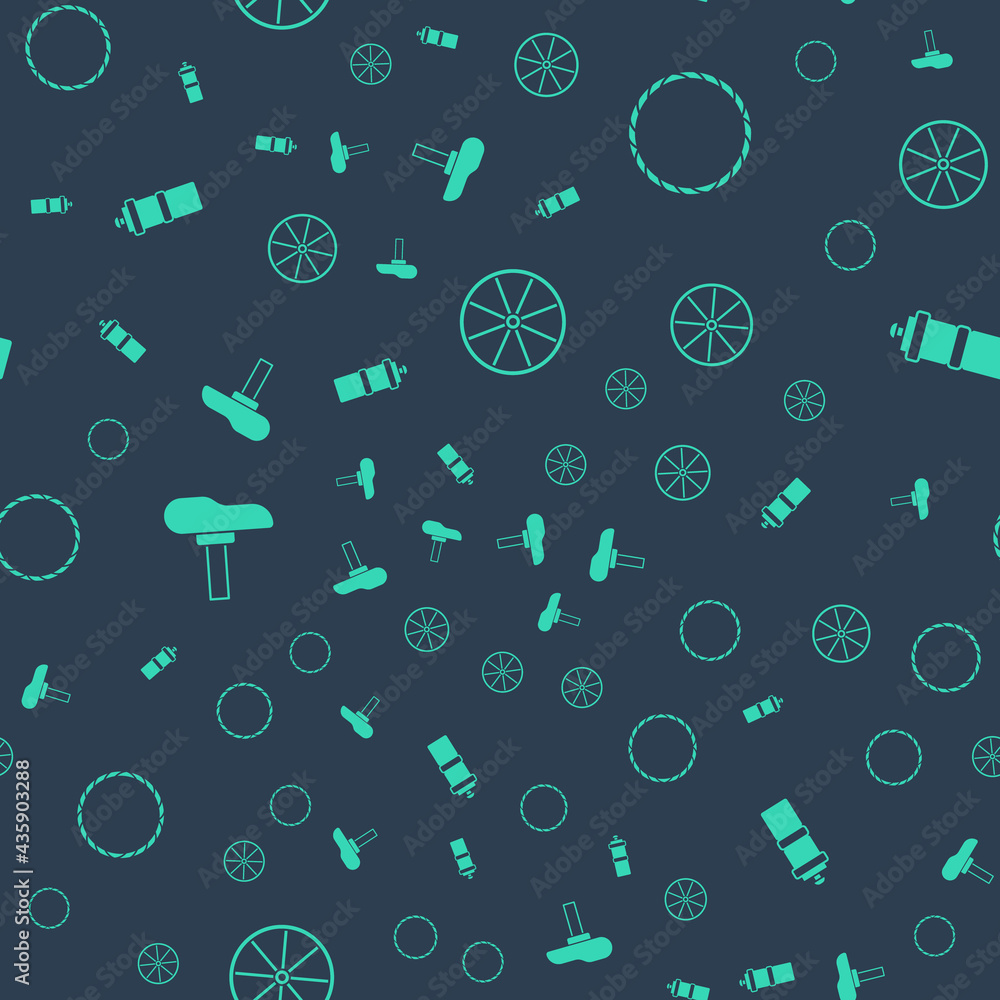 Set Bicycle wheel, , seat and Sport bottle with water on seamless pattern. Vector