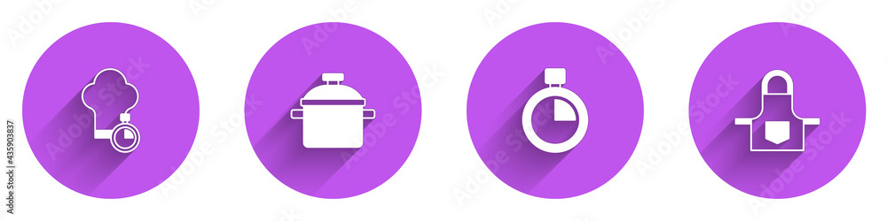设置厨师帽、烹饪锅、秒表和带长阴影的厨房围裙图标。矢量