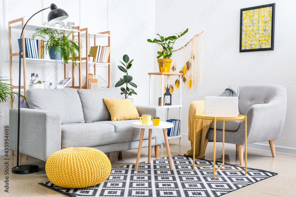 Interior of modern living room with shelf units and sofa