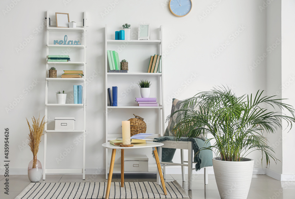 Interior of modern room with shelf units