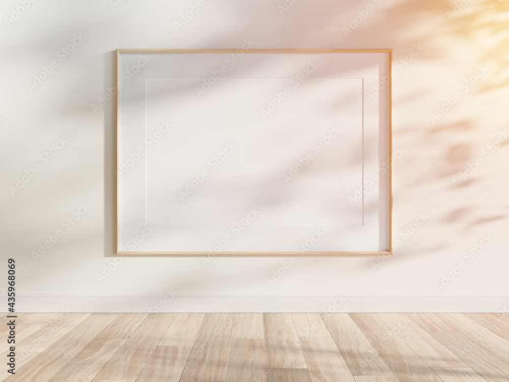 Wooden frame hanging in bright interior mockup. Template of a picture framed on a wall 3D rendering