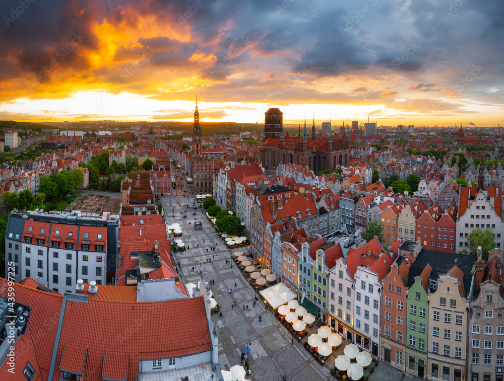 Amazing architecture of the main city in Gdansk at sunset, Poland. Aerial view of the Long Market, M