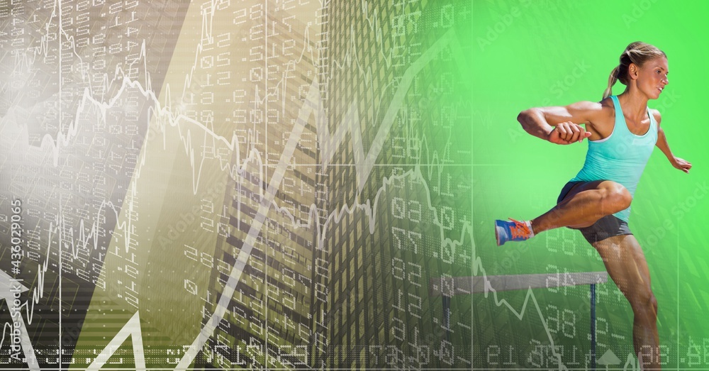 Composition of female athlete hurdle jumping with data processing