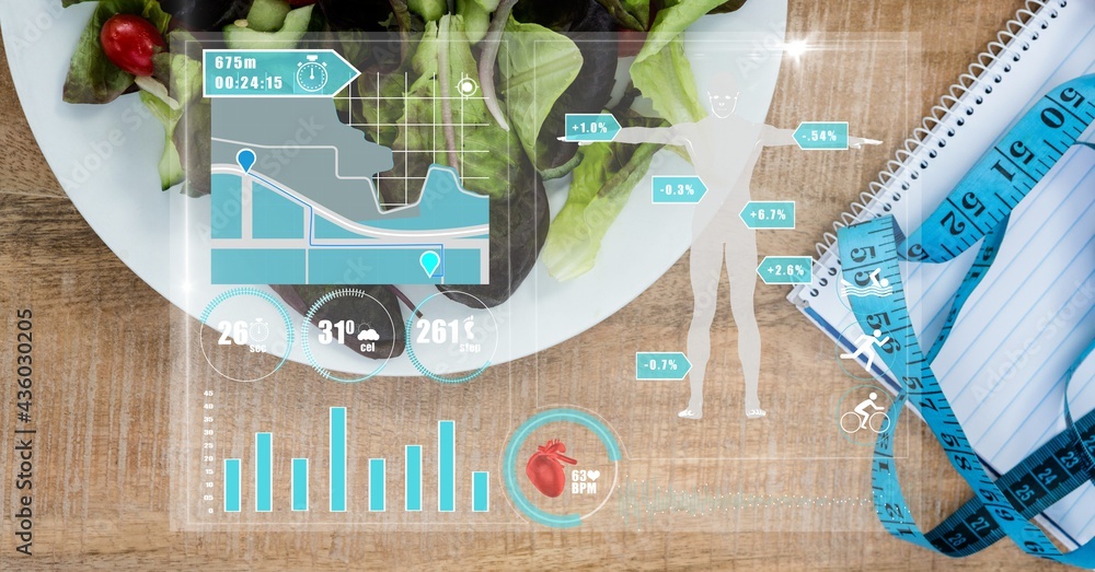 餐桌上沙拉的组成，带有医学研究数据接口屏幕