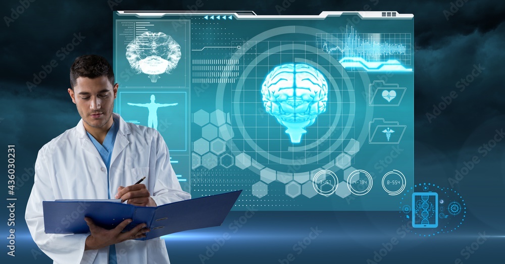 Composition of male doctor making notes and virtual medical research data interface screen