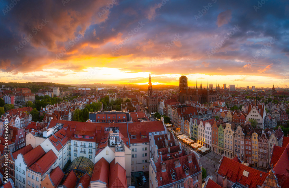 Amazing architecture of the main city in Gdansk at sunset, Poland. Aerial view of the Long Market, M