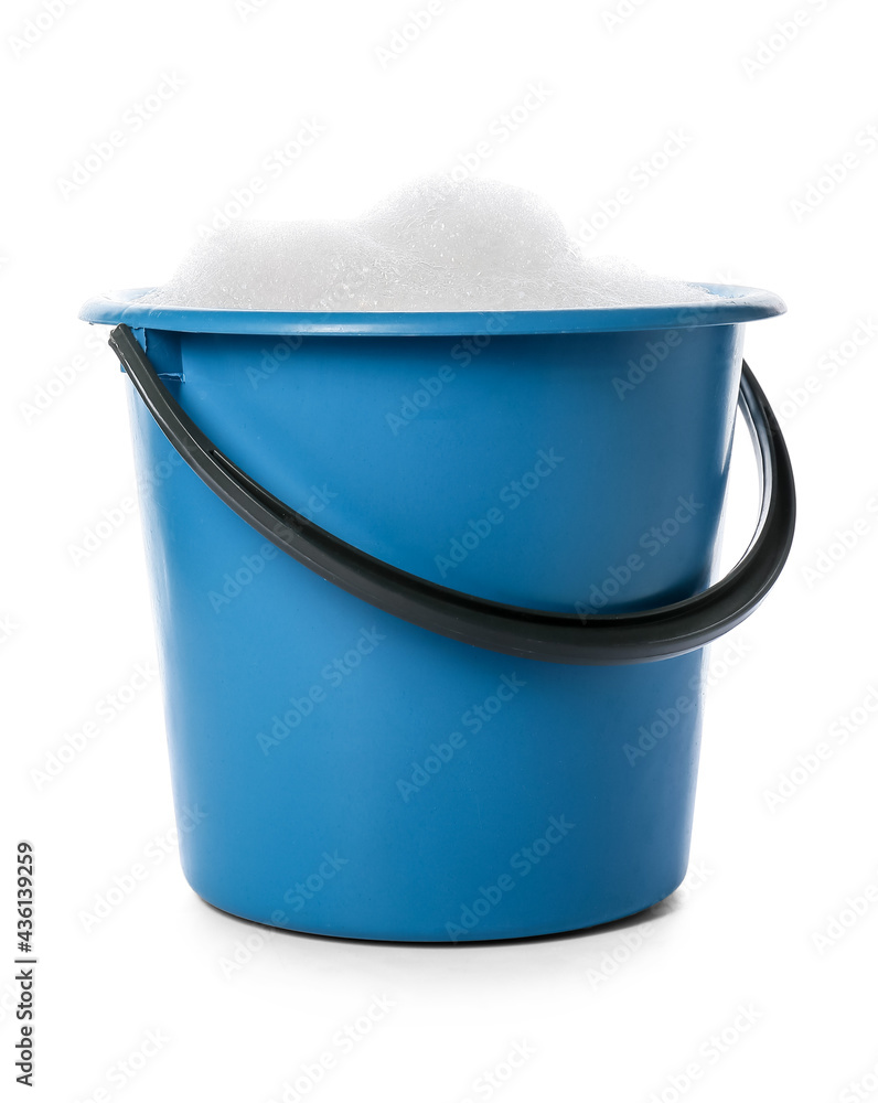 Plastic bucket with foam on white background