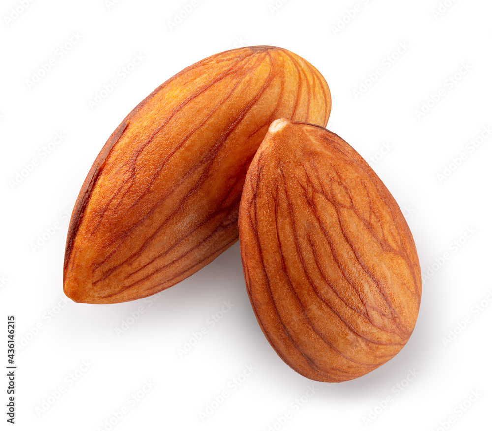 Almond isolated. Almonds on white background. Two almond nuts top view. With clipping path. Full dep