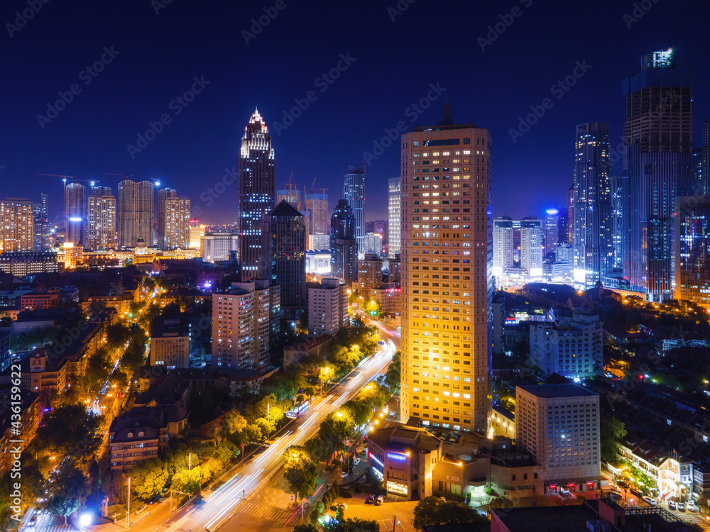 Aerial photography of skyline night scene of Tianjin urban architectural landscape