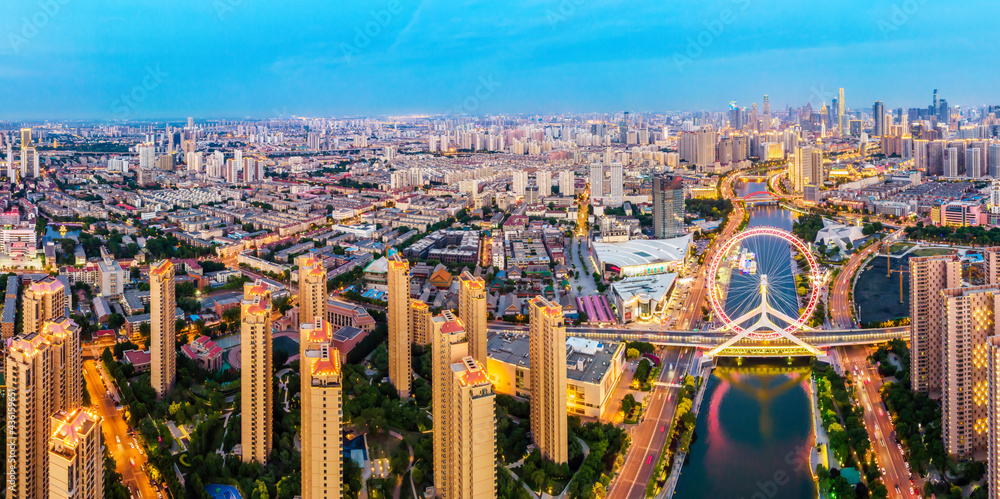 天津城市建筑景观天际线夜景航拍