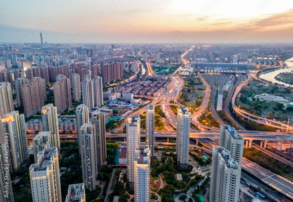 天津城市建筑景观天际线夜景航拍