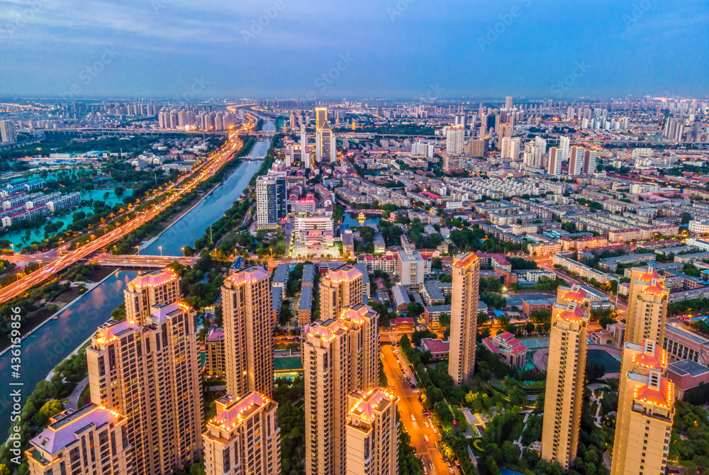 Aerial photography of skyline night scene of Tianjin urban architectural landscape