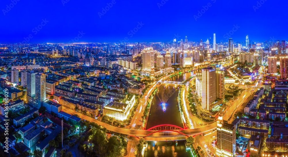 Aerial photography of skyline night scene of Tianjin urban architectural landscape