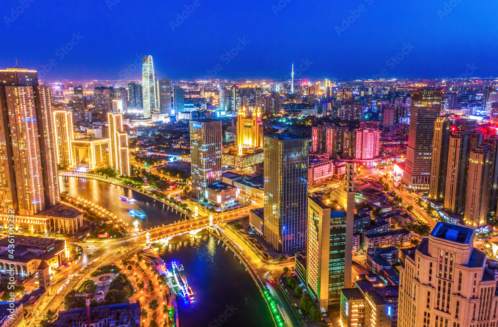 Aerial photography of skyline night scene of Tianjin urban architectural landscape