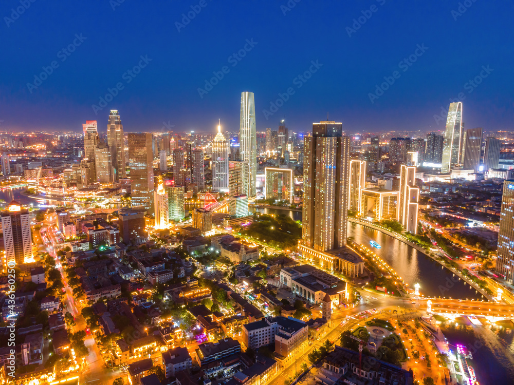 Aerial photography of skyline night scene of Tianjin urban architectural landscape