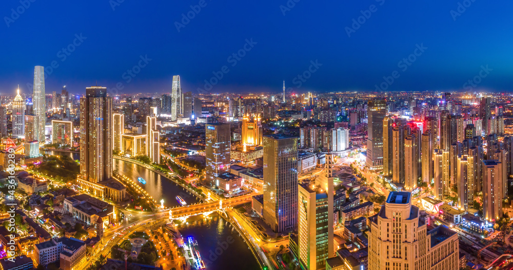 天津城市建筑景观天际线夜景航拍