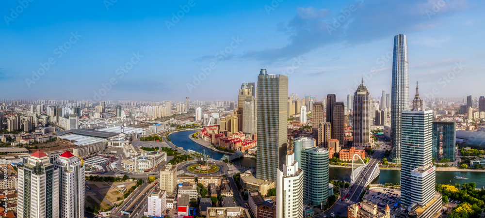 Aerial photograph of skyline of architectural landscape of Tianjin Financial Center