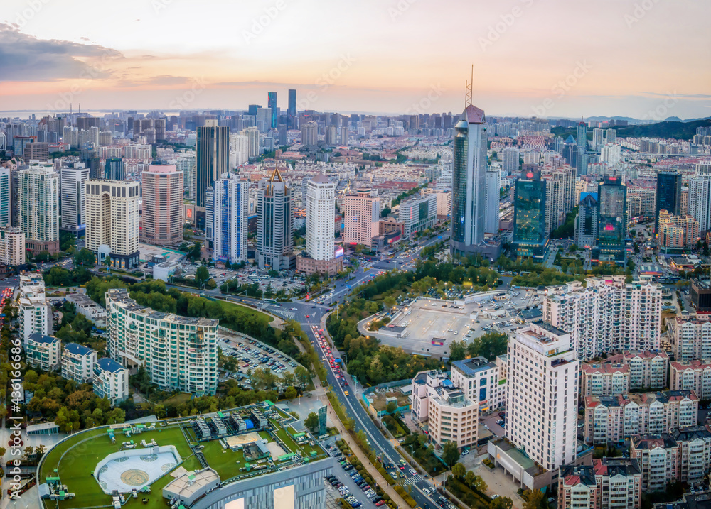 Aerial photography of architectural landscape skyline along Qingdao urban coastline