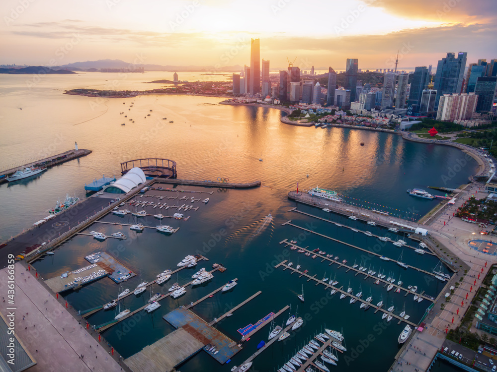 航拍青岛城市海岸线建筑景观天际线