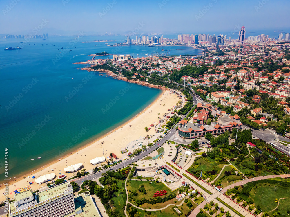 Aerial photography of architectural landscape skyline along Qingdao urban coastline