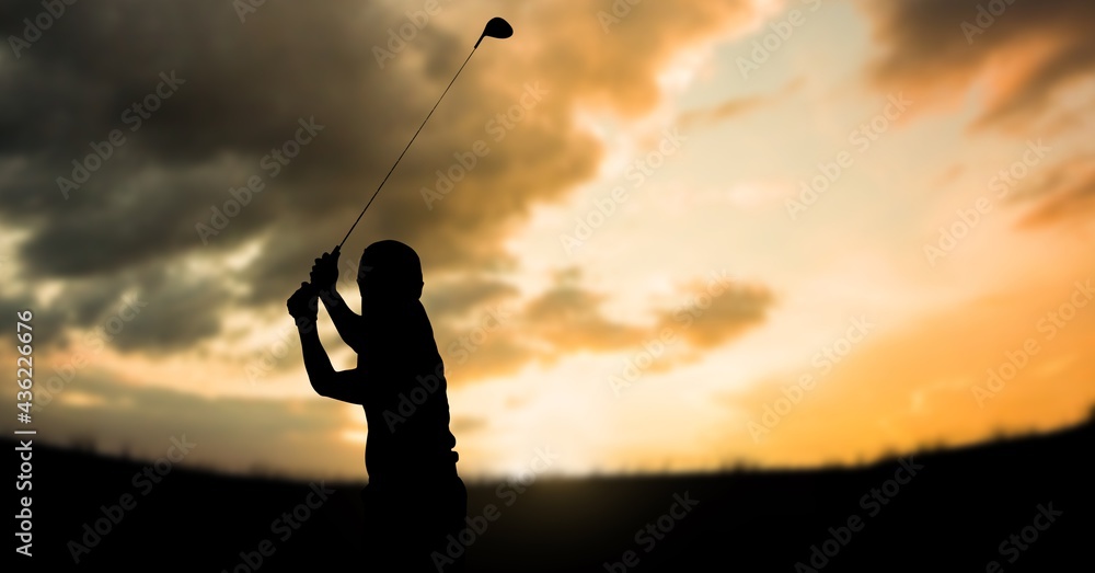 Composition of silhouette of golf player over clouds on orange sky with copy space