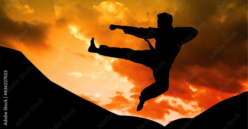 Composition of silhouette of male martial artist over orange sky with sun setting