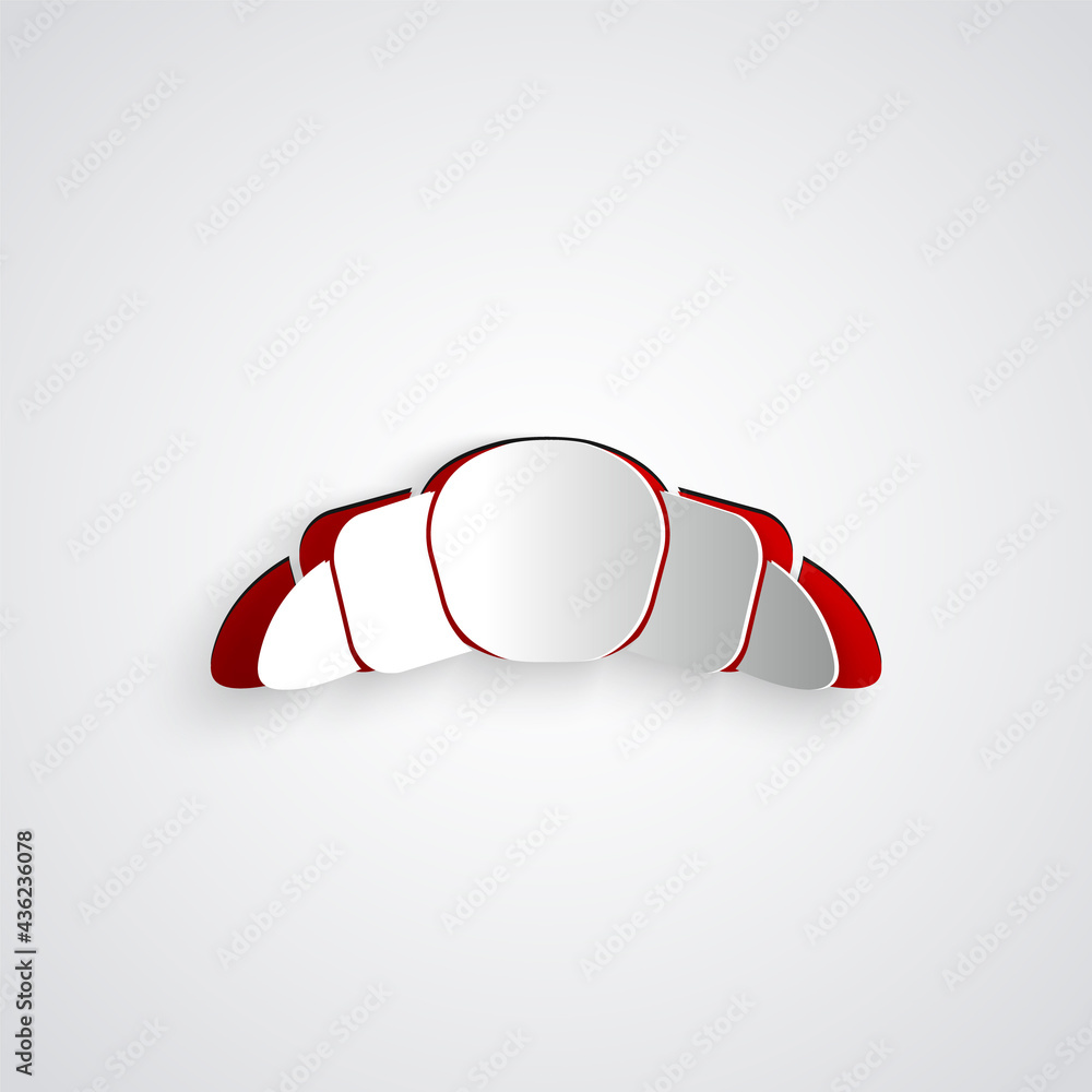 Paper cut Croissant icon isolated on grey background. Paper art style. Vector Illustration