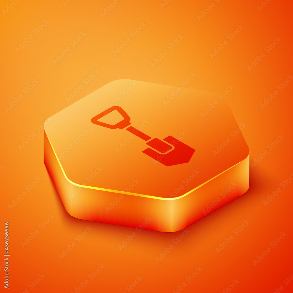 Isometric Shovel icon isolated on orange background. Gardening tool. Tool for horticulture, agricult