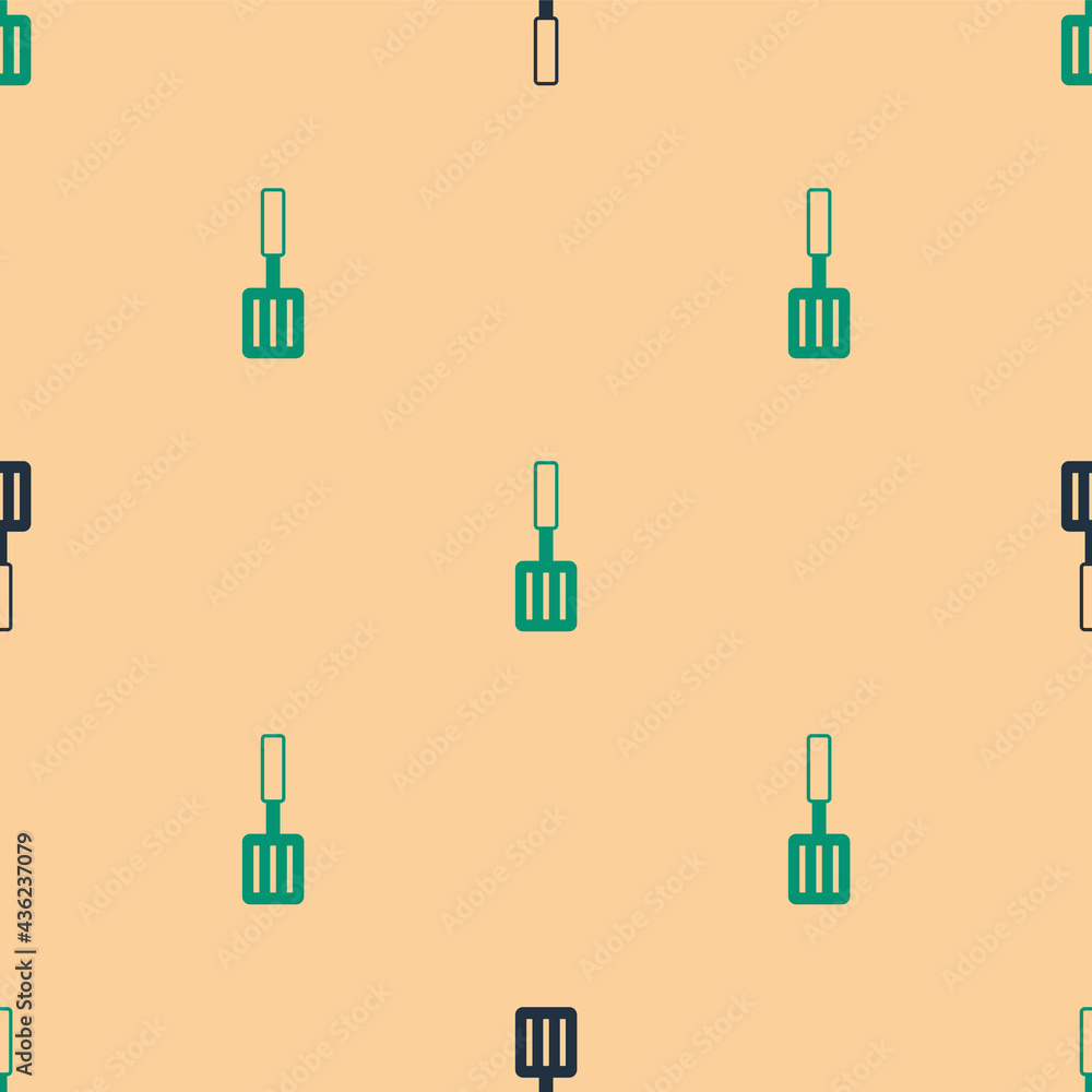 Green and black Barbecue spatula icon isolated seamless pattern on beige background. Kitchen spatula