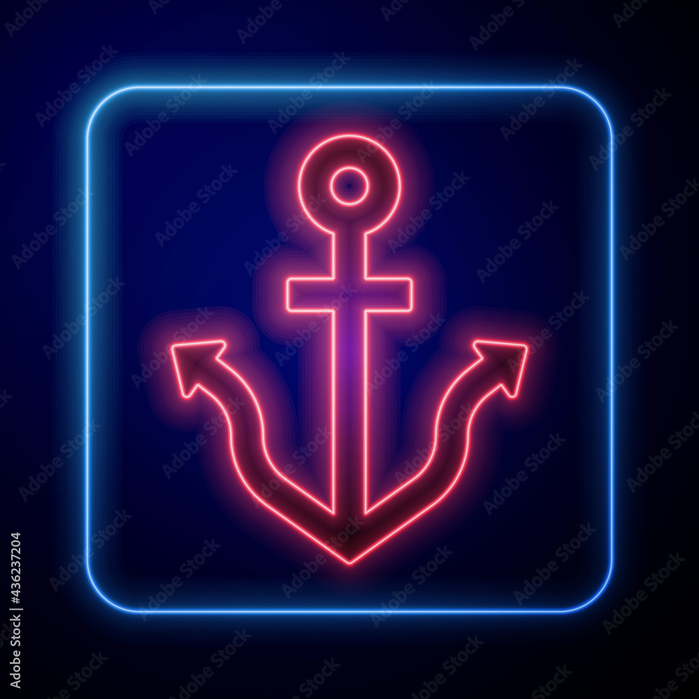 Glowing neon Anchor icon isolated on black background. Vector