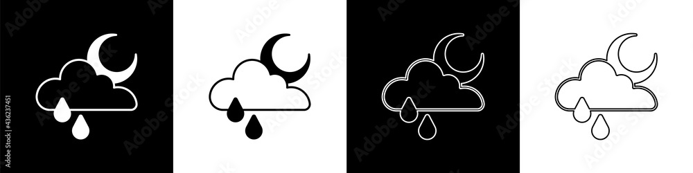 Set Cloud with rain and moon icon isolated on black and white background. Rain cloud precipitation w